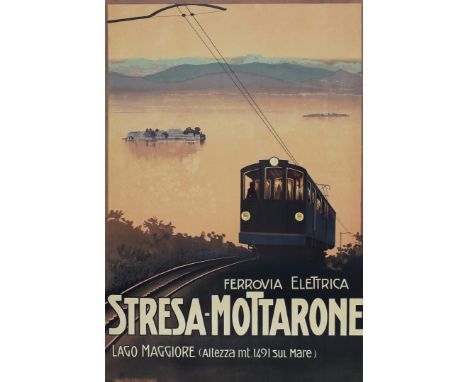 Ferrovia Elettrica Stresa-Mottarone. Mario Borgoni Litografia, 1920 ca. Stab. Richter&C., Napoli, cm 100x68. Qualità: B. Tela