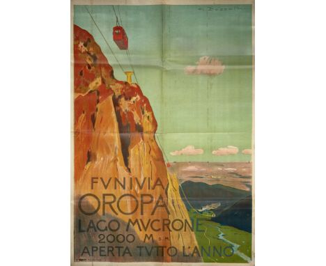 Funivia Oropa. G. Bozzalla Litografia, 1930 ca. S.T.E.N., Torino, cm 100x70. Qualità: B-..  Funivia Oropa. G. Bozzalla Lithog