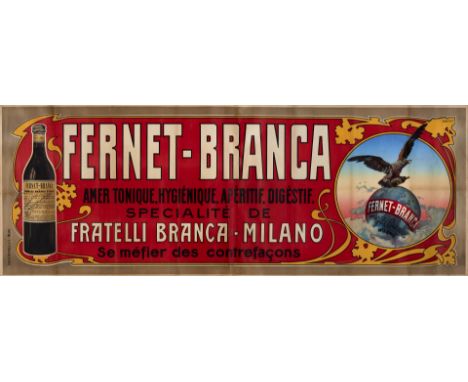 Fernet-Branca. Anonimo Litografia, 1920 ca. Stab. A. Bertarelli & C., Milano, cm 75x205. Qualità: B. Velato su carta giappone