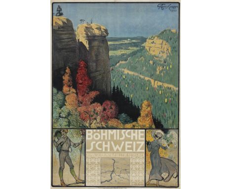 Böhmische Schweiz. Richard Teschner Litografia, 1910. Ed. Strache, Warnsdorf, cm 100x70. Qualità: B..  Böhmische Schweiz. Ric