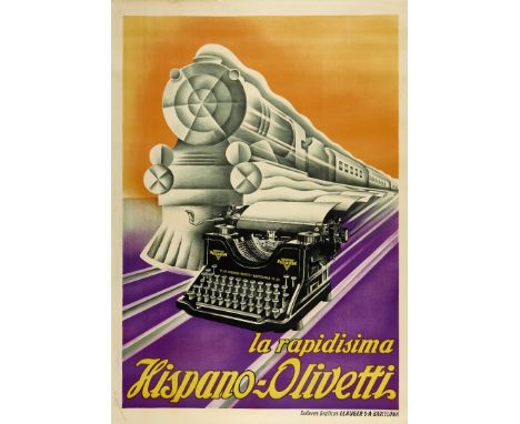 La rapidisima Hispano-Olivetti. Anonimo Litografia, 1925 ca. L.Lauger S.A., Barcelona, cm 138x99. Qualità: A-. Telato..  La r