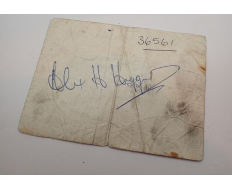 Alex Higgins autograph on a 1974 exhibition ticket 