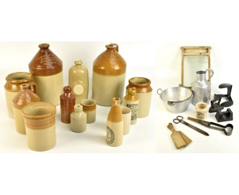 A collection of assorted vintage kitchenalia items to include stoneware flagons and ginger beers, a galvanised metal milk jug