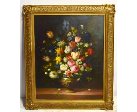 THOMAS WEBSTER IN THE OLD MASTER STYLE; a modern oil on board, still life study of flowers, signed, 90 x 70cm, framed.Footnot