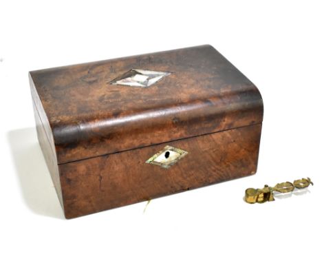A Victorian mother of pearl inlaid burr walnut work box of rectangular form with dome top, length 27cm, together with a set o