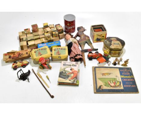 A mixed group of toys including two tinplate clockwork model racing cars, blocks, puppet, two Codeg Ringing Tricycle models, 