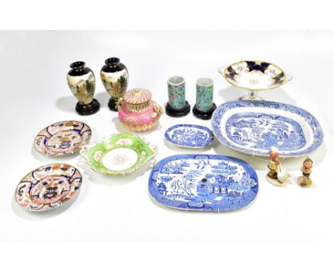 A mixed group of ceramics including 19th century Willow pattern meat plate, width 40cm, drainer and small oval dish, Coalport