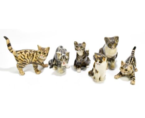 WINSTANLEY; a collection of six ceramic cats, length of largest example 25cm.Additional InformationGeneral wear, light scratc