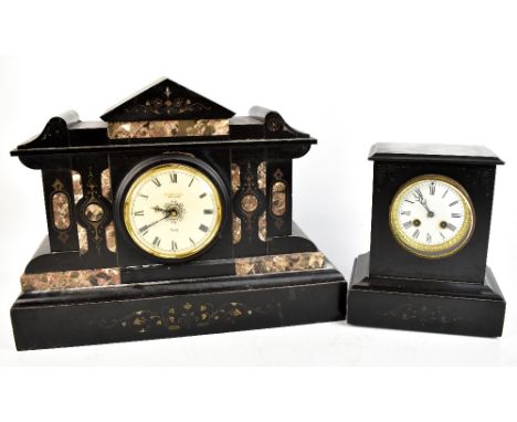A Victorian black slate mantel clock, the circular enamelled dial set with Roman numerals, with Japy Frères movement, 26 x 22