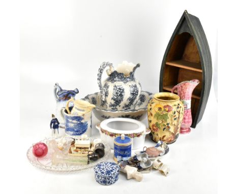 A collection of 19th century and later ceramics and glassware to include a blue and white jug and bowl set, carnival glass bo