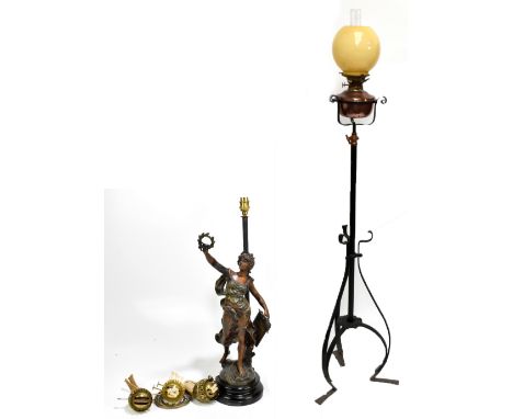 AFTER L &amp; F MOREAU; a bronzed spelter figure, 'Au Mérite', mounted on turned socle base and converted to a table lamp (af