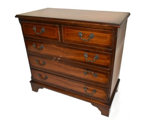 A small reproduction mahogany and crossbanded chest of two short over three long drawers, on ogee bracket feet, height 72cm, 