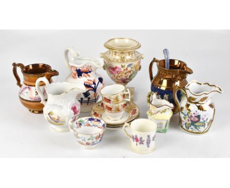 A group of 19th century ceramic jugs, cups and saucers including lustre glazed examples, also a Derby gilt and enamelled flor