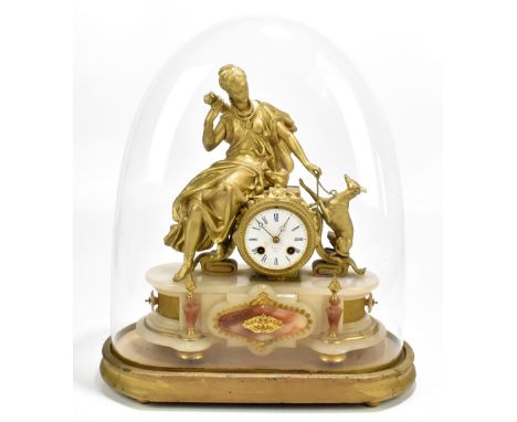 PREVOST OF GENEVA; a 19th century marbel mantel clock with gilt metal surmount, modelled as Diana the Huntress beside stylise