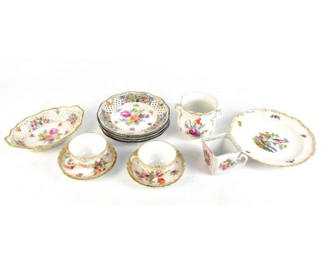 DRESDEN; a group of floral decorated wares including four saucers, two cups, pierced oval dish, four side plates with pierced