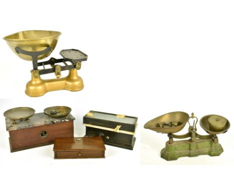 Two sets of iron framed grocer's scales, together with two further sets of scales and associated weights (part af).
