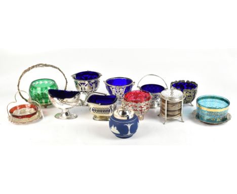 A group of silver plate and coloured glass mounted swing handled bowls, sweetmeat dishes or preserve bowls, six with dark blu