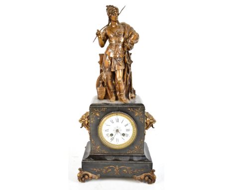 A Victorian slate mantel clock with bronzed spelter surmount of a Grecian soldier, above slate case, the circular enamelled d