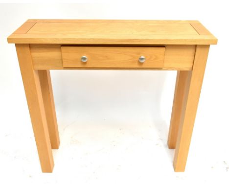 A modern oak console table with single frieze drawer, height 85cm, width 90cm, depth 30cm.Additional InformationLight general