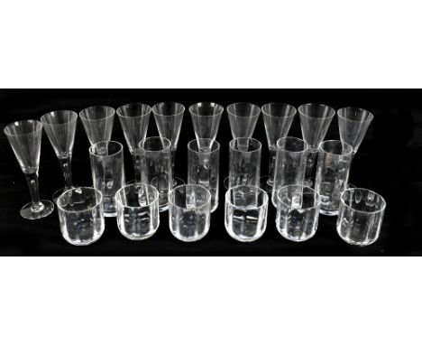 DARTINGTON; a part suite of drinking glasses, comprising six highballs, six tumblers and ten flutes, some retaining labels.Ad