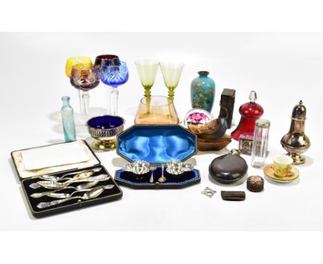 A collection of assorted glassware, ceramics and metalware to include four 20th century hock glasses, silver plated hip flask