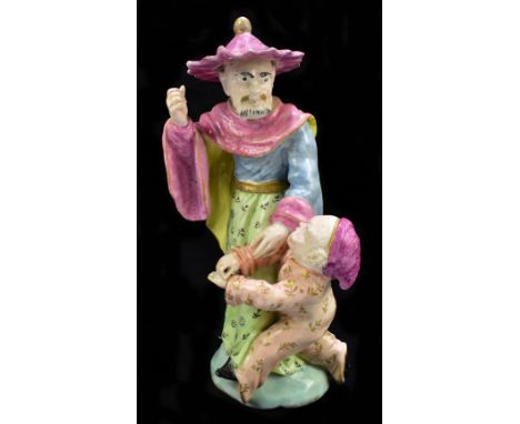 DERBY; a large 18th century chinoiserie figure group representing Touch from the set of Chinese 'Senses', Andrew Planché 'Dry