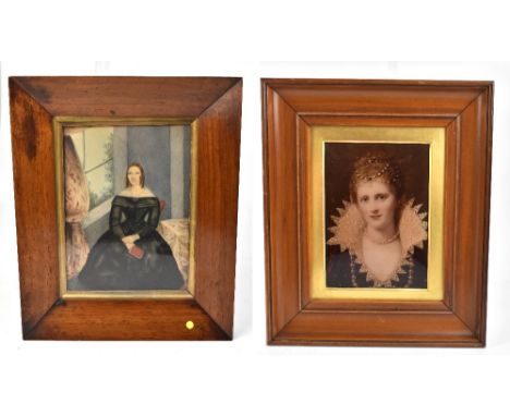 19TH CENTURY ENGLISH SCHOOL; watercolour, portrait of a seated lady in black dress holding a book, unsigned, 18.2 x 13.5cm, g