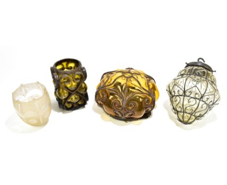 A vintage moulded glass and wire framed hall lamp, drop approx 30cm, a similarly pale amber/brown tinted example, diameter 26