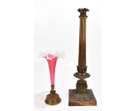 A good quality 19th century Corinthian column copper table lamp with cast floral decoration to the rim, height 50cm, together