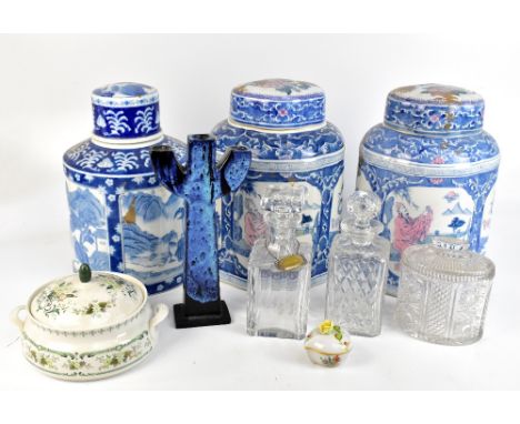 Three decorative modern Chinese blue and white jars and cover, height 36cm, together with assorted glass ware and ceramics.Ad