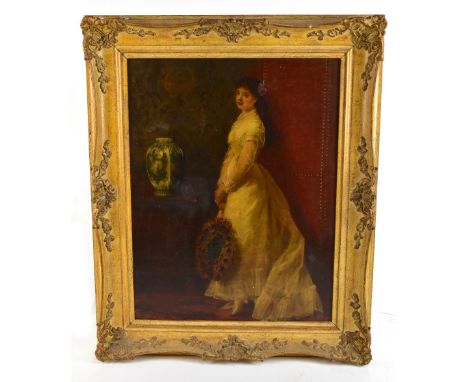 LATE 19TH CENTURY ENGLISH SCHOOL; oil on canvas, 'The Peacock Fan', unsigned, 49 x 37cm, framed.Additional InformationThere h