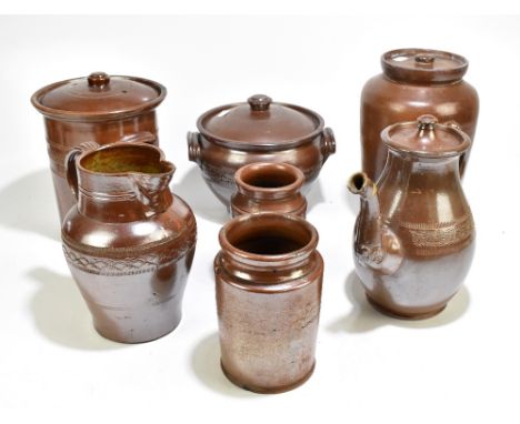 Seven pieces of 19th century salt glazed pottery to include bread crock, large teapot, height 26cm (part af).Additional Infor