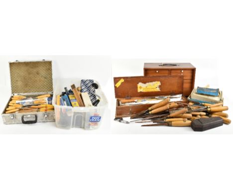 A large collection of assorted tools including braces, various chisels including Marples examples, also a tool cabinet, 32 x 