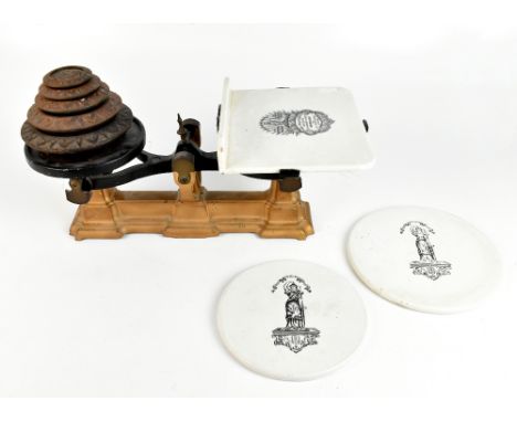 HENRY POOLEY &amp; SON LTD, BIRMINGHAM; a set of 19th century balance scales with white ironstone advertising plate, with fiv