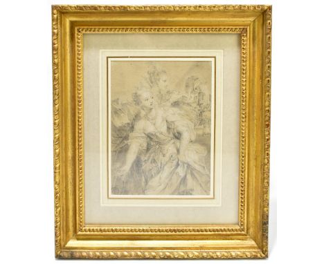18TH CENTURY FRENCH SCHOOL; black chalk heightened with white chalk on buff paper, 'Two Women in Elaborate Dress with a Page 