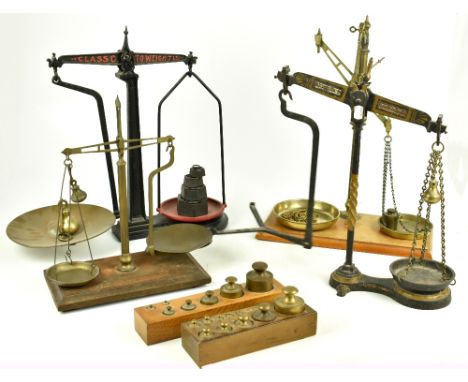 T CROSSLEY OF BLACKBURN; a set of 19th century iron balance scales with associated weights, together with three later similar
