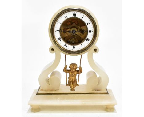 A 19th century French alabaster mantel clock, the circular dial set with Roman numerals flanking the open movement, raised on