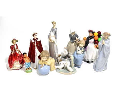 ROYAL DOULTON; a figure HN1843 'Biddy Pennyfarthing', HN1834 'Top o' the Hill', two Royal Worcester figures to include Queen 