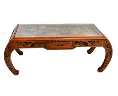 A reproduction Chinese stained teak low coffee table of rectangular form with single drawer, length 104cm, depth 45cm, height