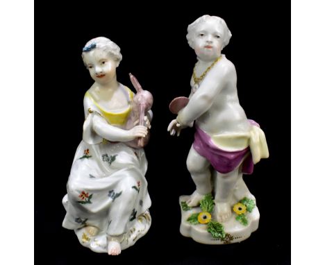 An early 19th century English porcelain figure of a girl playing bagpipes, impressed no. 23 to base, height 12cm, and a figur