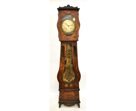 A 19th century French longcase clock, the enamelled dial set with Roman and Arabic numerals, inset within brass repoussé bord