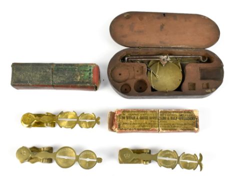 Two cased sets of sovereign scales and a similar unboxed set, also a set of 19th century mahogany cased sovereign scales (par