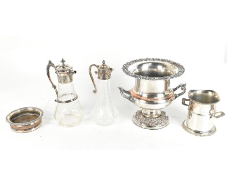 A group of wine related silver plated items including a Campana twin handled bottle cooler, a cut glass and plate mounted jug