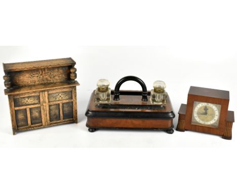 A Victorian walnut and ebonised ink stand with twin clear glass inkwells, width 30cm, a tabletop stationery/letter box modell