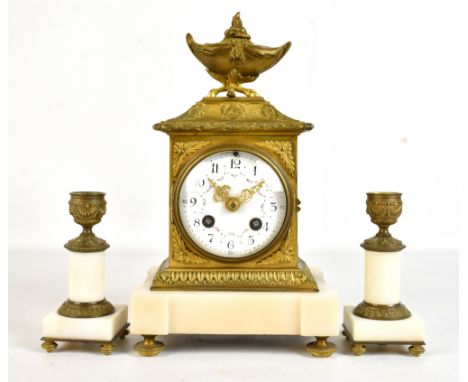 A late 19th century French gilt metal and alabaster three piece clock garniture, the circular floral decorated enamel dial se