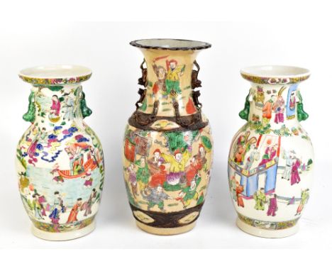 A pair of Chinese baluster twin handled vases with enamelled figural decoration, unmarked, height 37.4cm, and a further late 