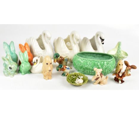 A group of assorted ceramic animal figures to include Sylvac, Dartmouth Pottery and Goebel examples, also a Sylvac Pottery bo