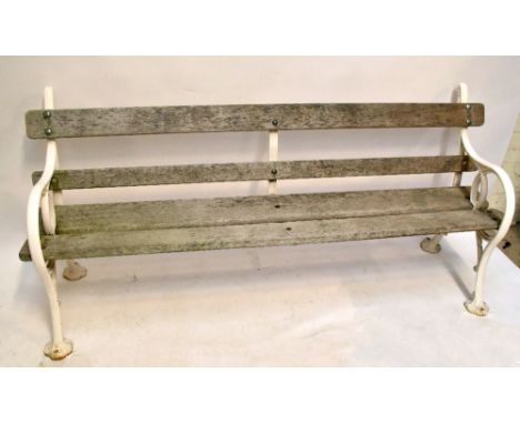A white painted cast iron garden bench with wooden slats, length 180cm, depth 52cm, height 83cm.Additional InformationThe fra