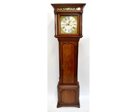 THOMAS MOSS OF FRODSHAM; an 18th century oak and mahogany cross banded eight day longcase clock, the hood with gilt decorated