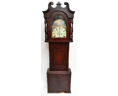 An early-mid Victorian mahogany longcase clock, the hood with broken swan neck pediment above arch painted dial, set with Rom